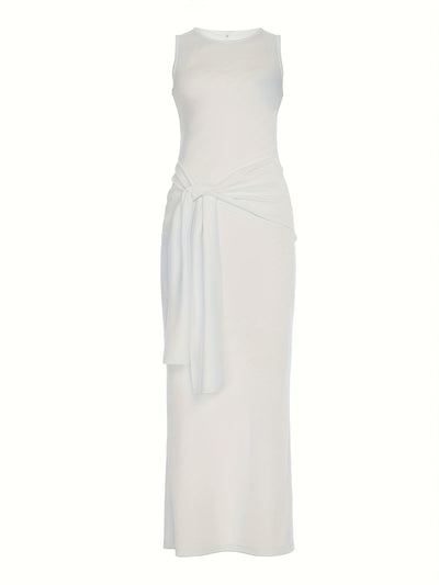 Chic Vacation Style Sexy Music Festival Solid Color Basic Waist Tie Back Split Tank Dress Targeted Korean Special