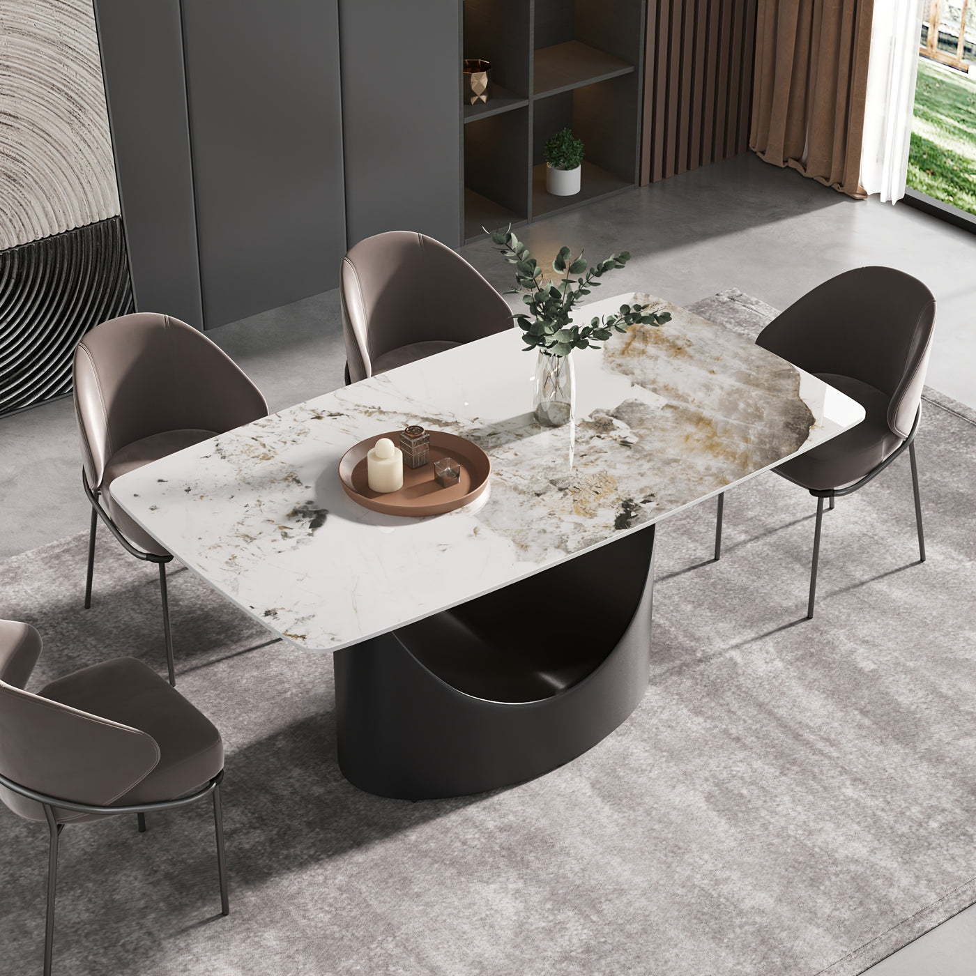 Modern Rectangle Marble Dining Table(Dining Table Only, Chairs Not Included), Marble Sintered Stone Top Dining Table, Rectangle Dining Room Table With Unique U-Shape Carbon Steel Pedestal For Kitchen/Living Room