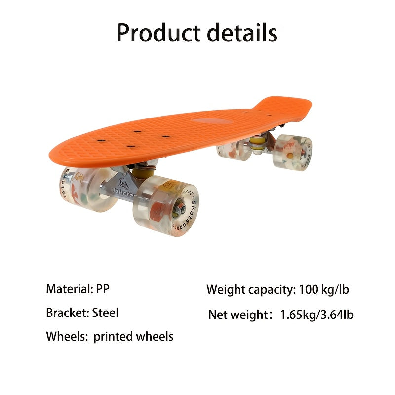 Beginner-Friendly Skateboard with Lightweight PP Material, Smooth Carbon Steel Bearings, 220.46LB Load Capacity – Perfect for Learning to Skate, Black Deck with Yellow Accents, Transparent Wheels for Easy Visibility
