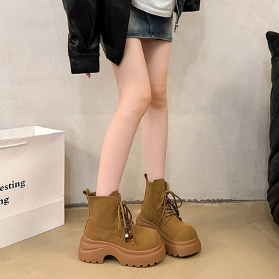 Women's Faux Cover Faux Fur-like Texture Boots - Chunky Low Heel Mule Ankle Boots with Lace-Up & Buckle Closure, Round Toe Fitted Heel, Beige/Tan/Black/White/Gray/Blue/Green/Pink/Red/Brown - Retro Chunky Lace-Up Boots for Wom
