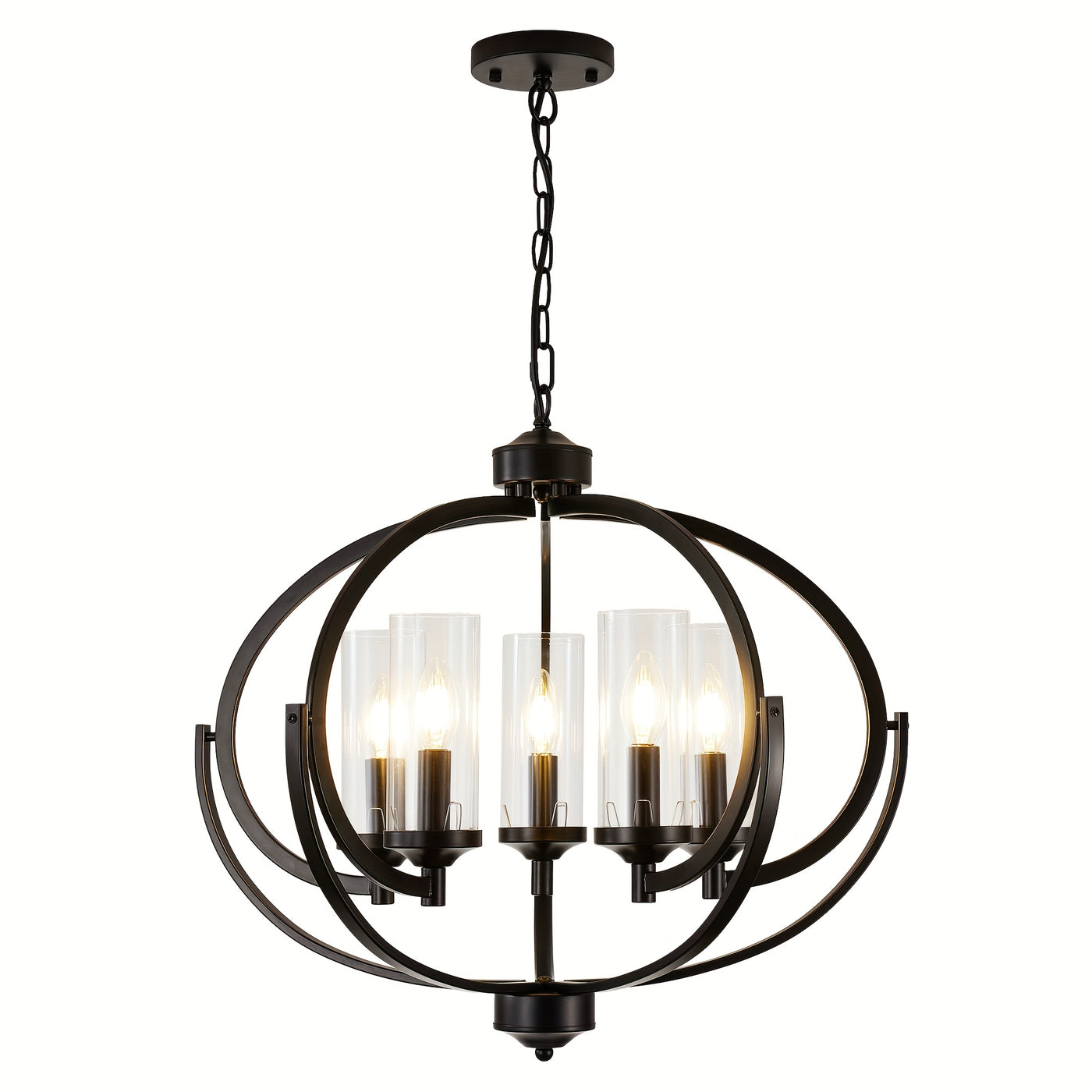 5-Light Black And Golden Chandelier, 24" Farmhouse Dining Room Light Fixture, Adjustable Hanging Ceiling Lantern Pendant Light, with Glass Shade Globe Chandeliers, for Kitchen, Bedroom, Foyer, Chandelier For Dining Room, Chan