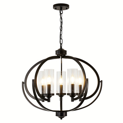 5-Light Black And Golden Chandelier, 24" Farmhouse Dining Room Light Fixture, Adjustable Hanging Ceiling Lantern Pendant Light, with Glass Shade Globe Chandeliers, for Kitchen, Bedroom, Foyer, Chandelier For Dining Room, Chan