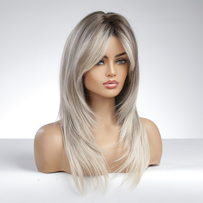 [Ombre Gray Heat Resistant Wig] Heat Resistant Long Straight Ombre Gray Wig - Elegant Women's Layered Synthetic Wig with Rose Net Cap for Daily Use & Cosplay