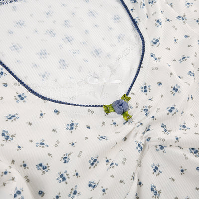 Lace Stitching Square Collar Pleated Bow Short Sleeve T-shirt
