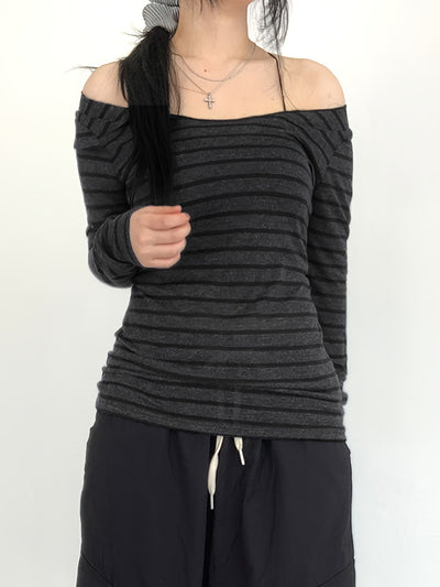 Japanese and Korean Special Targeted Elegant Basic Large Round Neck Slimming Long Sleeve Striped Top
