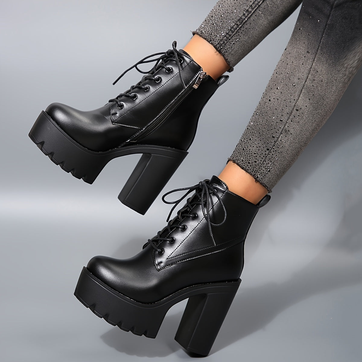 Women'S Chunky Heel Ankle Boots - Black PU Cover with Lace-Up Front & Side Zipper, Round Toe, Thick Sole for Stability, Versatile for Casual & Formal Outfits, High Heel Boots, Stability Footwear, Durable Tpr Sole