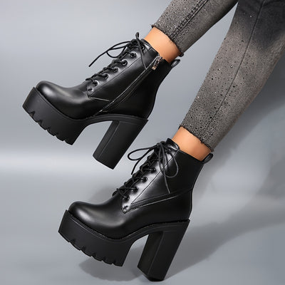 Women'S Chunky Heel Ankle Boots - Black PU Cover with Lace-Up Front & Side Zipper, Round Toe, Thick Sole for Stability, Versatile for Casual & Formal Outfits, High Heel Boots, Stability Footwear, Durable Tpr Sole