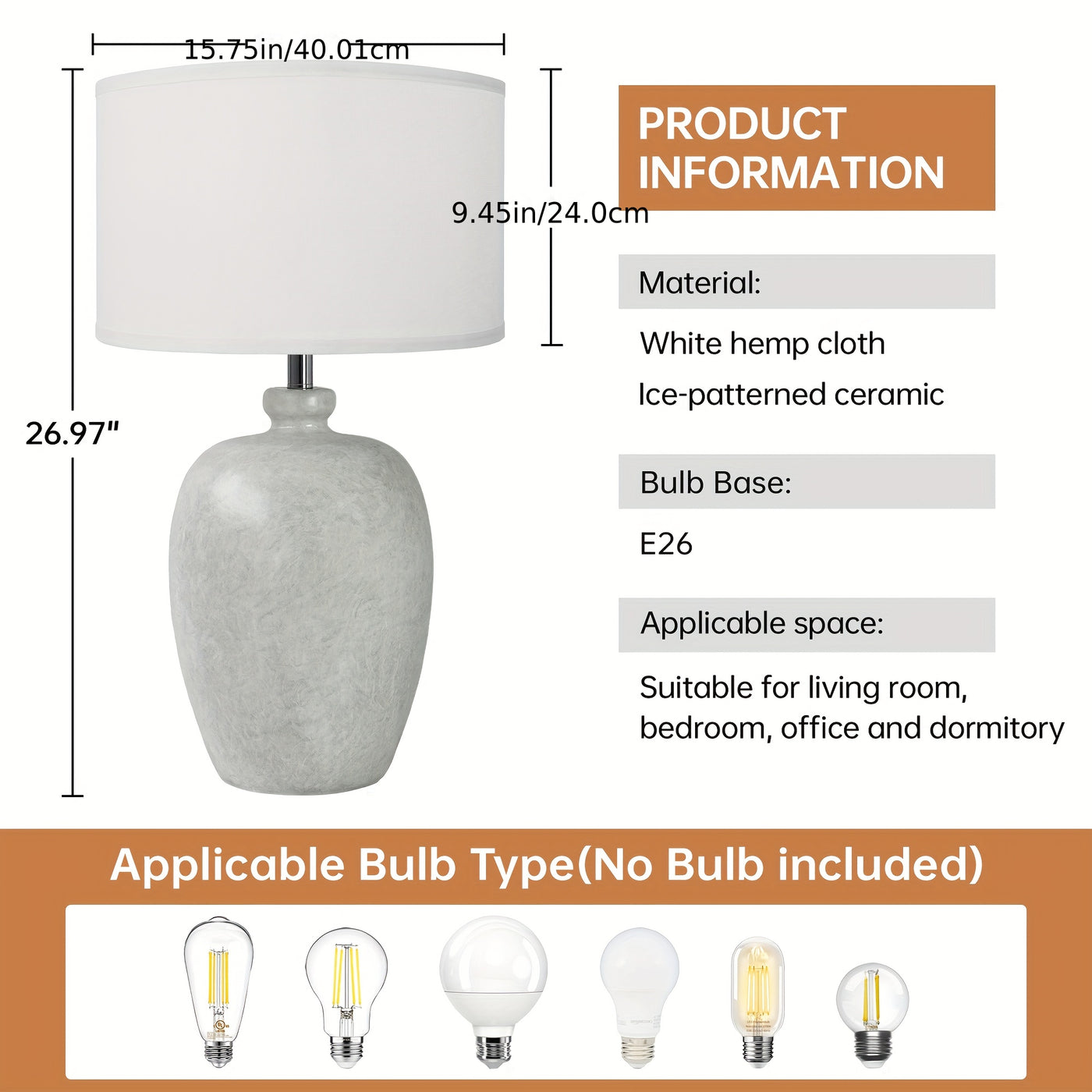 Rustic Farmhouse Ceramic Table Lamp for Bedroom, Living Room, Dining, Office, Ice Pattern Effect Lamp Body with White Linen Shade(Bulb Not Included), Lamps For Living Room, Table Lamps For Living Room, Bedside Lamp For Bedroo