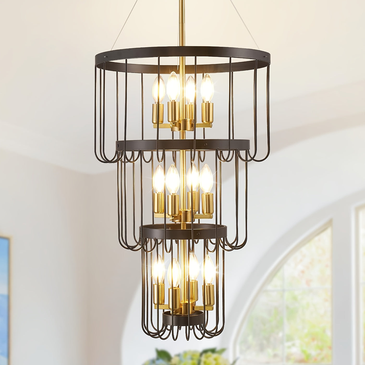 18 Inch Farmhouse Chandelier - 12-Light Adjustable Tiered Pendant Light Fixture, Black & Golden Modern Rust-Resistant Metal Lantern for Entryway, Staircase, Foyer, Dining Room - Semi-Flush Mount, E12 Bulb Compatible (Bulbs No