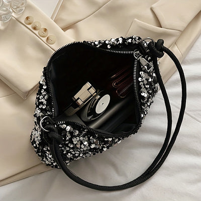 Urban Essentials, Chic Black Sequin Shoulder Bag for Women - Trendy Korean Style, Lightweight Nylon Handbag with Fixed Strap and Zip Closure, Polyester Lined