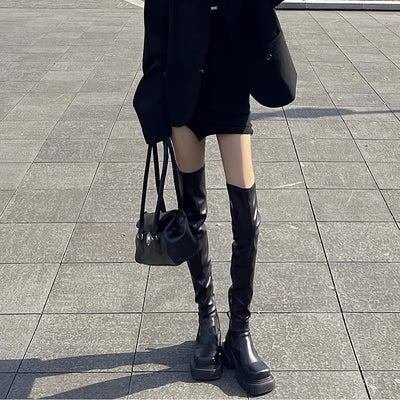 Women's Gothic Elegant Square Toe Chunky High-Heel Ankle Boots with Thick Platform - Winter Faux Cover/Fabric Upper, Zipper Closure & Round-to-Square Heel - All-Black Gothic Boots for Everyday & Formal Outfits, Comfortable Ru