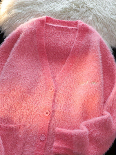 1pc Korean Style Casual V-Neck Pink Mink Soft Cardigan Sweater for Men - Loose Fit Polyester Knit with Embroidery Detail and Button Closure, Adult Fashion Essential for Autumn/Winter