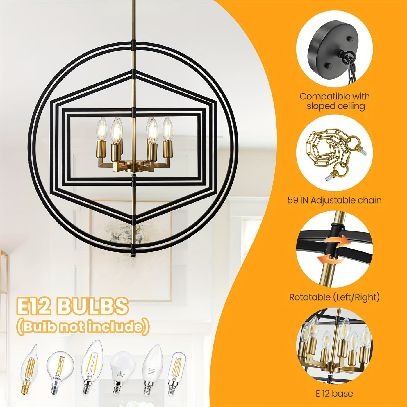 26" Farmhouse Chandelier, 6 Light Black And Golden Chandelier, Large Chandeliers For High Ceilings, Round Pendant Lights For Living Room, Staircase