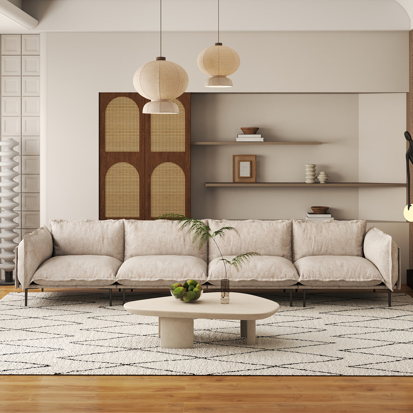 Modern Minimalist 4-Seater Modular Sectional Sofa - 147" Deep Seat Cloud Couch with Plush Chenille Upholstery, Hardwood Frame & Cushioned Backrest, White Fabric for Living Room, Bedroom, Office - No Assembly Required, Section
