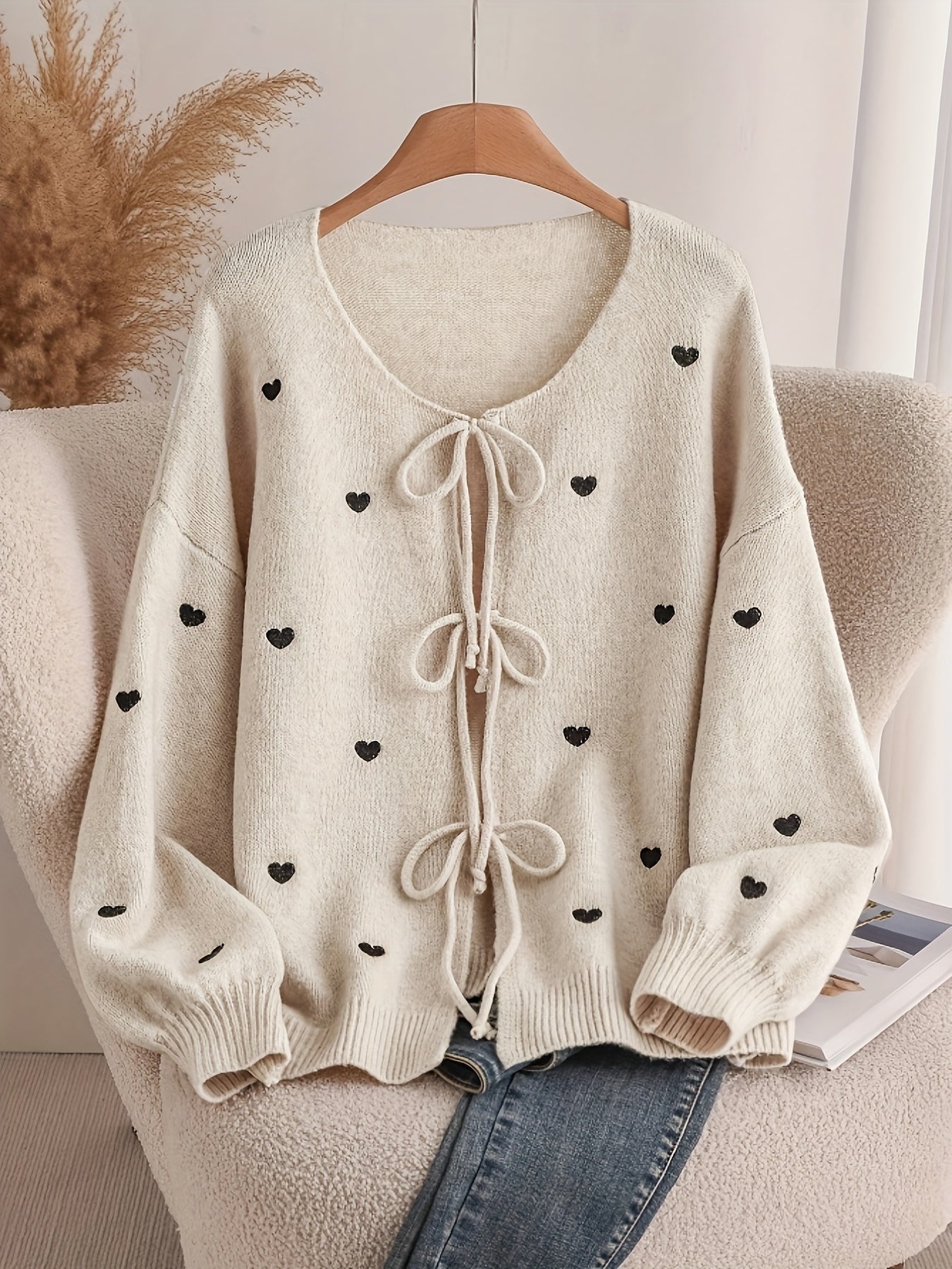 Women'S Soft Pink Sweater - Pastel Pink Cardigan with Front Tie-Waist, Heart Pattern, Boat Neck Longline Blouse for Fall/Winter Layering - Cozy Chic Sweater for Everyday Formal Outfits, Cute Sweaters, Winter Wardrobe, Feminin