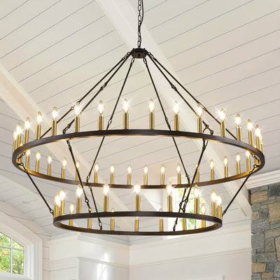 Modern Farmhouse Chandelier 2 Tier Round Wheel Chandelier Large High Ceiling Light.