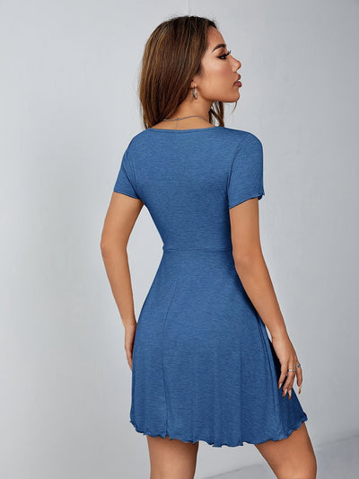 Elegant Women'S Summer Knit Dress - Slim Fit, V-Neck, Short Sleeve with Front Knot Detail, Black, Perfect for Casual or Stylish Outfits