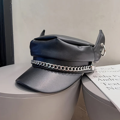 Women's Faux Leather Devil Horns Beret Cap, Korean Street Style, Non-Stretch, Waterproof, Knitted, PU Leather, Fall/Winter Fashion Accessory