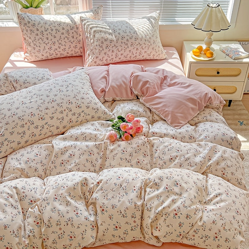 3pcs Korean Style Duvet Cover Set, New American Floral Duvet Cover Set with 1 Single Duvet Cover + 2 Pillowcases, Comfortable and Breathable, Machine Washable, Non-Fading and Deforming, Suitable for All Seasons, Light Beige-F