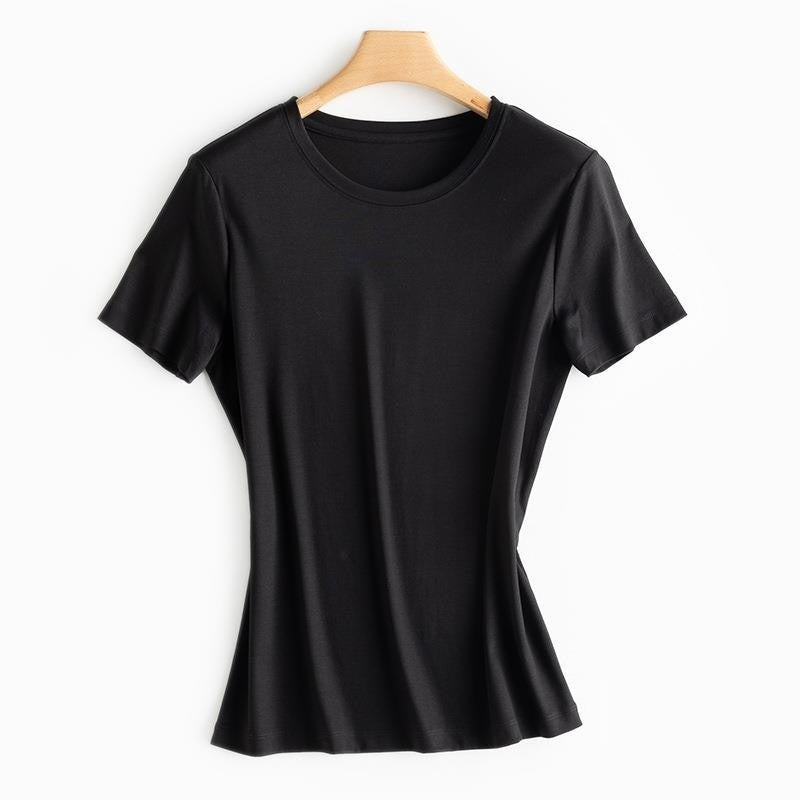 Mulberry Silk Women's Mercerized Cotton T-shirt Fine Solid Color Round Neck Short Sleeves