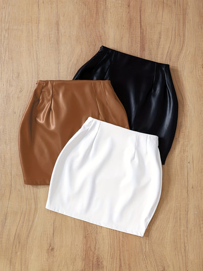 Women's Elegant Casual Half Skirt Set of 3pcs in Black, White, and Brown Solid Colors with Waist Wrap