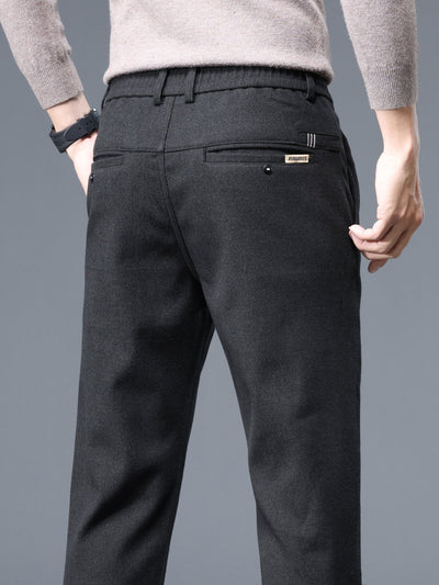 Men's Thermal Padded Slim Fit Trousers, 8891# Winter Woolen Men's Pants, Korean Style Business Casual, Polyester Blend, Regular Length, Zipper Closure, Straight Leg, Mid-Waist, Embroidery Detail, 420gsm
