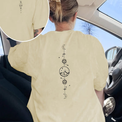 Women's Black & White Celestial Print Short Sleeve T-Shirt - Front & Back Moon & Stars Graphic, Medium Stretch Round Neck Casual Top, Machine Washable All-Season Comfort Fit, Everyday Top | Stylish Back Print | Quality Casual
