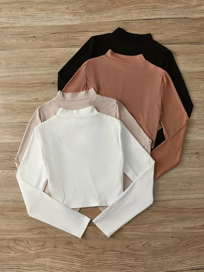 High-Neck Long Sleeve Four-Piece Set T-Shirt, Black Ten White Ten Coffee Ten Apricot