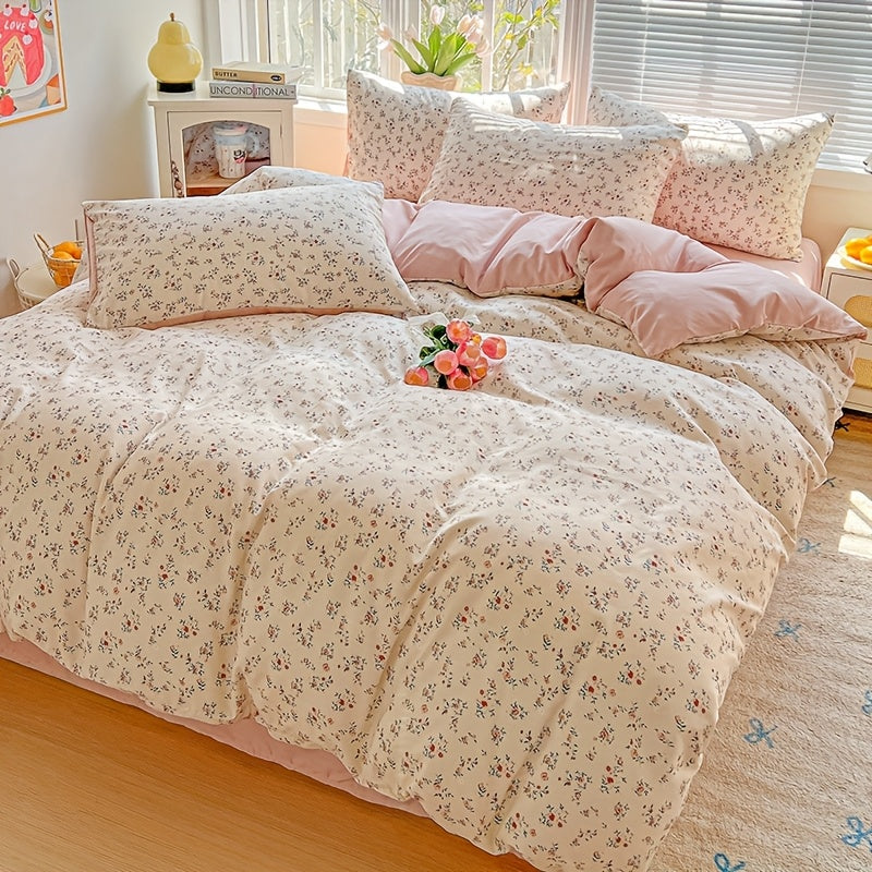 3pcs Korean Style Duvet Cover Set, New American Floral Duvet Cover Set with 1 Single Duvet Cover + 2 Pillowcases, Comfortable and Breathable, Machine Washable, Non-Fading and Deforming, Suitable for All Seasons, Light Beige-F