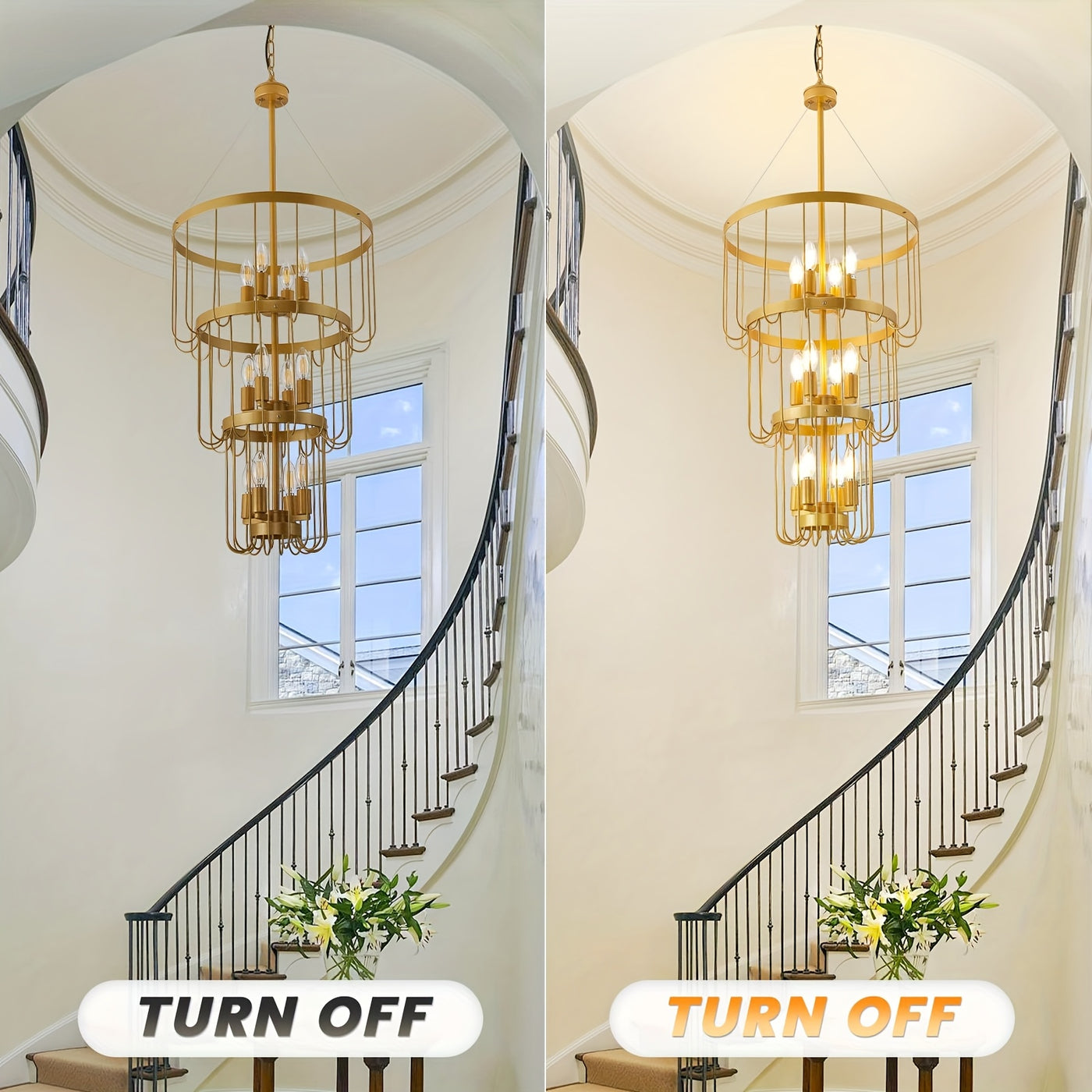 18 Inch Farmhouse Chandelier - 12-Light Adjustable Tiered Pendant Light Fixture, Black & Golden Modern Rust-Resistant Metal Lantern for Entryway, Staircase, Foyer, Dining Room - Semi-Flush Mount, E12 Bulb Compatible (Bulbs No