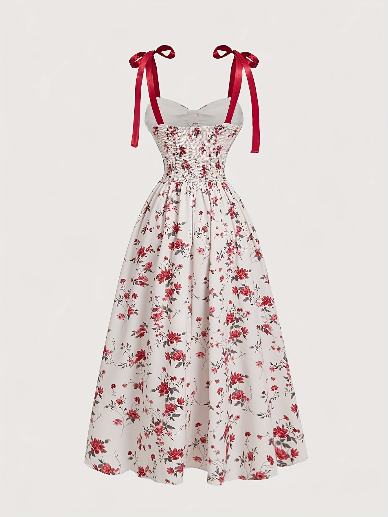Elegant Off-Shoulder Floral Print Dress with Red Bow Straps