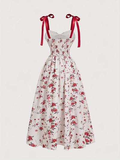 Elegant Off-Shoulder Floral Print Dress with Red Bow Straps