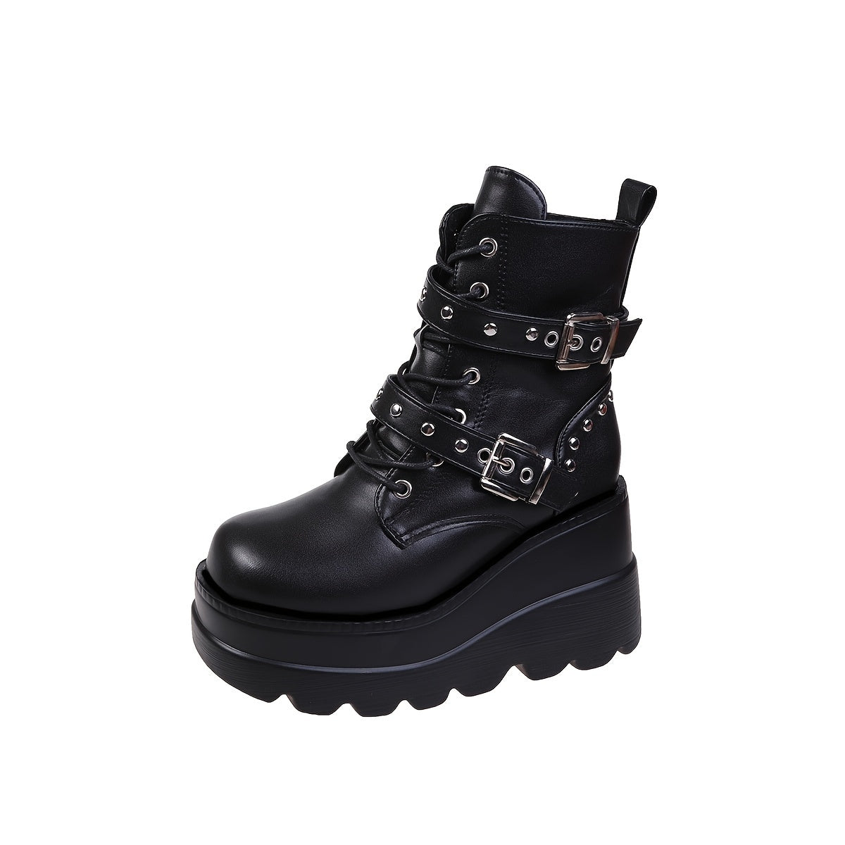 Women'S Chunky Heel Ankle Boots - Black Faux Cover Lace-Up with Metallic Buckle Straps, Round Toe & Thick Sole for Casual & Formal Outfits, High Heel Boots, Formal Footwear, Durable Footwear