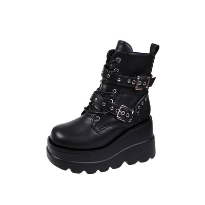 Women'S Chunky Heel Ankle Boots - Black Faux Cover Lace-Up with Metallic Buckle Straps, Round Toe & Thick Sole for Casual & Formal Outfits, High Heel Boots, Formal Footwear, Durable Footwear