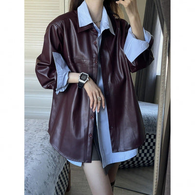 Grape Purple PU Leather Coat Women's Retro