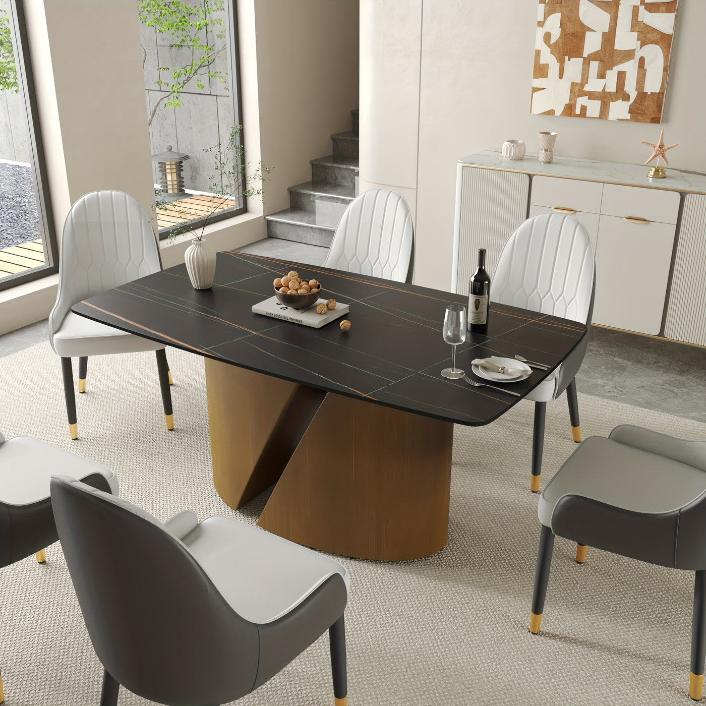 Modern Marble Dining Table for 6-8(Chairs Not Included), 63" White Rectangle Dining Table, Luxury Sintered Stone Dining Tabletop with Bronze Carbon Steel Pedestal Dinner Table for Kitchen Dining Room