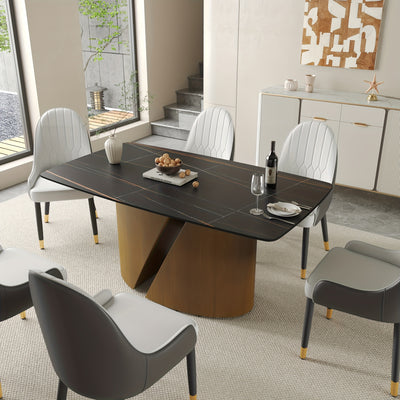 Modern Marble Dining Table for 6-8(Chairs Not Included), 63" White Rectangle Dining Table, Luxury Sintered Stone Dining Tabletop with Bronze Carbon Steel Pedestal Dinner Table for Kitchen Dining Room