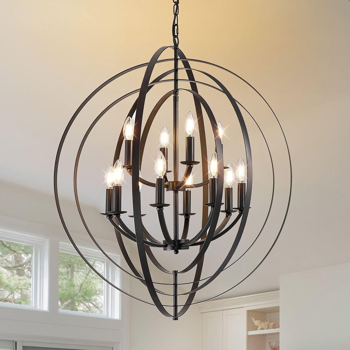 12-Light Modern Farmhouse Chandelier - 31.5" Black Round Pendant Light Fixture for High Ceilings, Adjustable Height (32"-90"), E12 Bulb Compatible, Entryway, Kitchen Island, Staircase & Foyer Lighting, Versatile Lighting Fixt