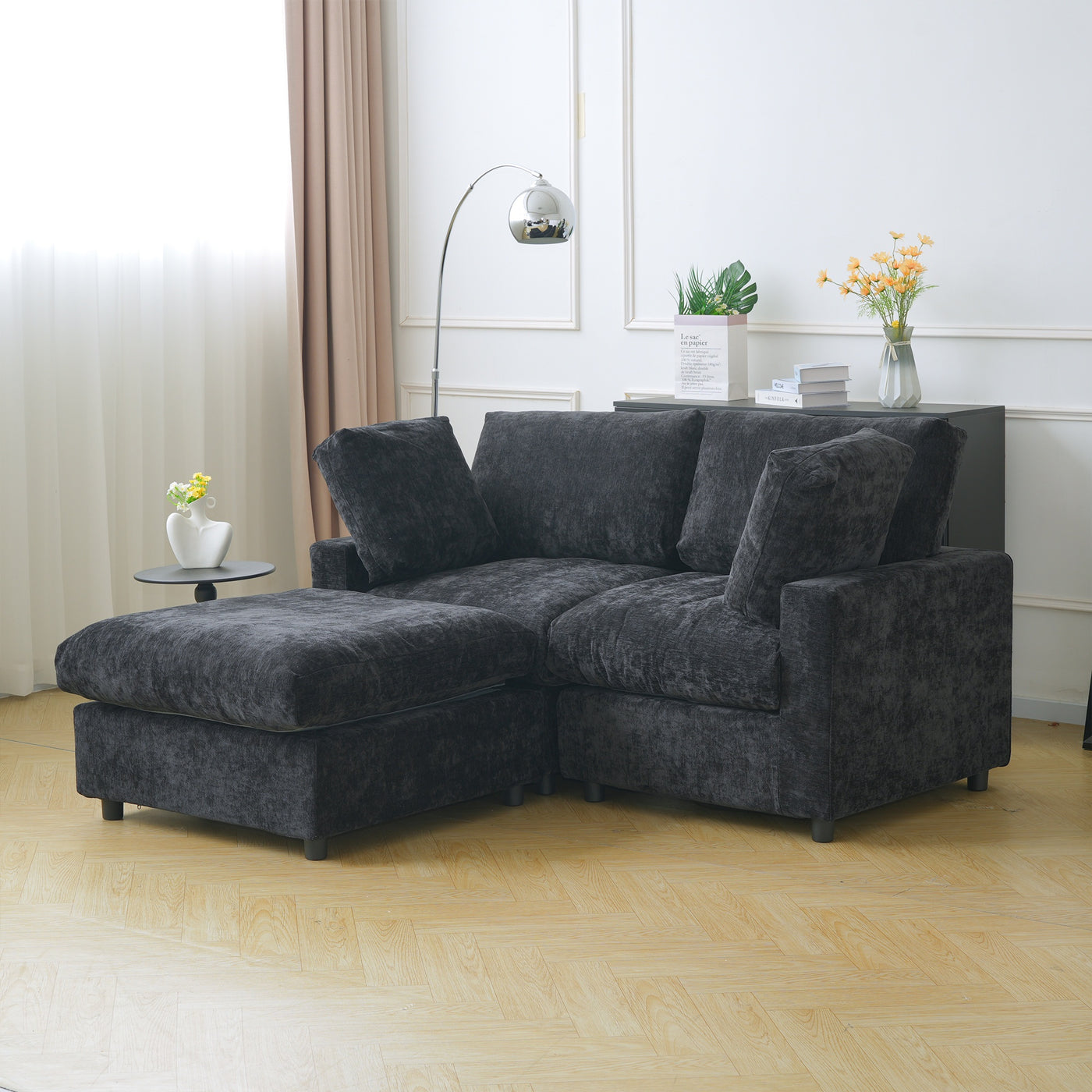 67" Modern Convertible Modular Sectional Sofa with Chaise Ottoman - Black Cloud Design, Washable Fabric & Linen-like Cover, Hardwood Frame, Plush Cushion Backrest, Minimalist L-Shaped or Straight Configuration for Living Room