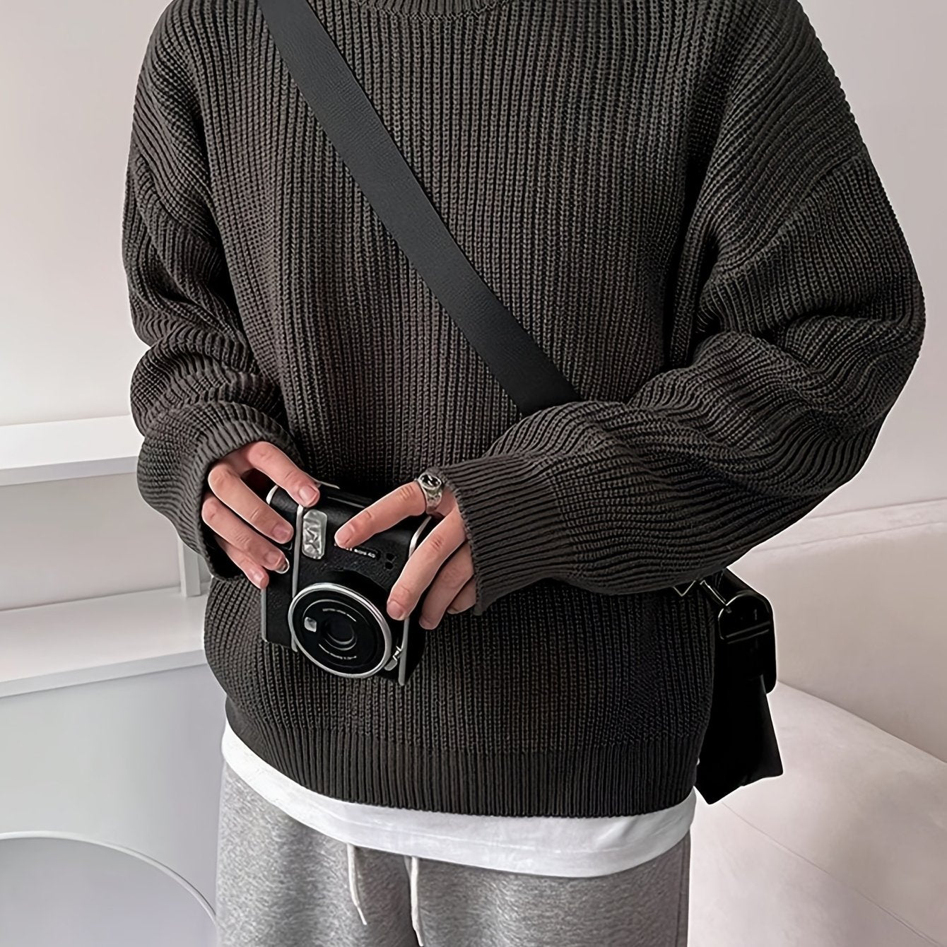 Men'S & Women'S Unisex Knit Sweater, Casual Crew Neck Pullovers, Rib-Knit Long Sleeve, All-Season Acrylic 100%, Loose Fit Solid Color, Medium Stretch, Japanese & Korean Style Streetwear