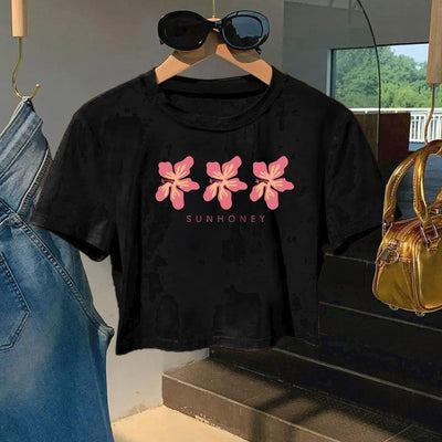 Women'S Floral Print Crop Top T-Shirt - "SUNHONEY" Design with Pink Butterflies, Casual Round Neck Short Sleeve Tee, Lightweight Polyester, Machine Washable, Perfect for Spring/Summer Outfits, Spring Fashion Top | Butterfly P