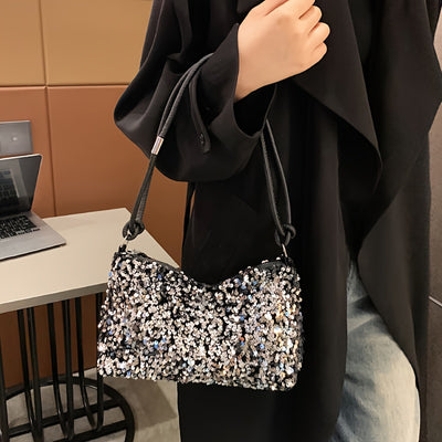 Urban Essentials, Chic Black Sequin Shoulder Bag for Women - Trendy Korean Style, Lightweight Nylon Handbag with Fixed Strap and Zip Closure, Polyester Lined
