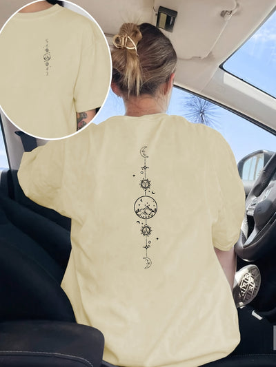 Women's Black & White Celestial Print Short Sleeve T-Shirt - Front & Back Moon & Stars Graphic, Medium Stretch Round Neck Casual Top, Machine Washable All-Season Comfort Fit, Everyday Top | Stylish Back Print | Quality Casual