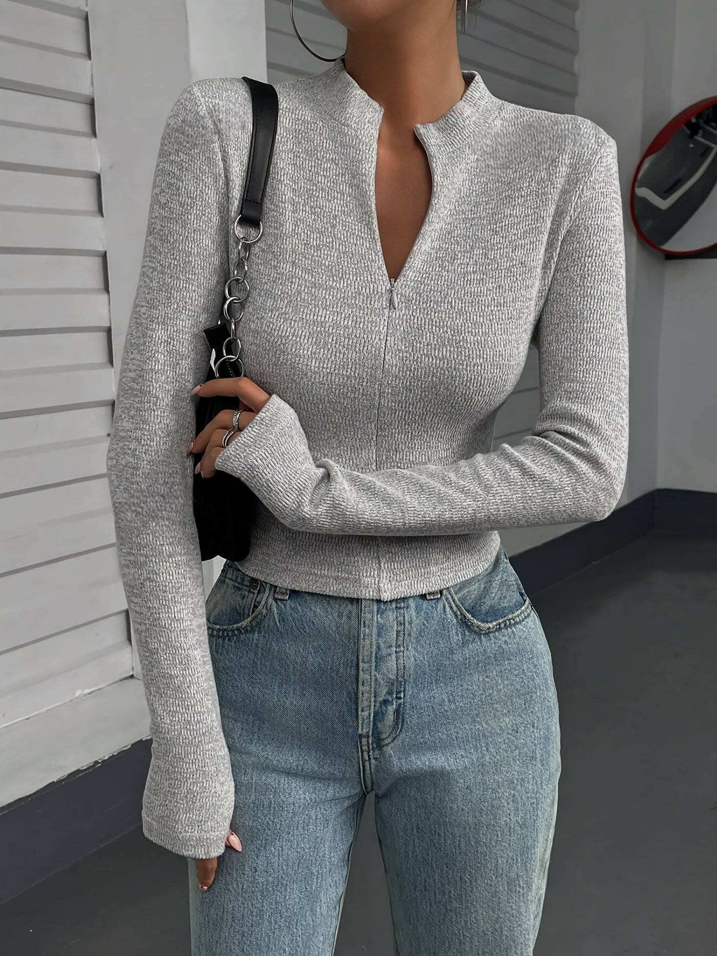 Women'S Elegant Long Sleeve Slim Fit T-Shirt, Polyester 100%, High Neck Solid Color Knit Fabric, Regular Length for Spring/Fall - 230g/m²