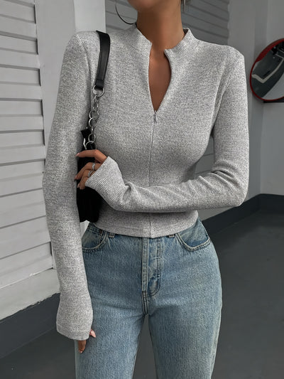 Women'S Elegant Long Sleeve Slim Fit T-Shirt, Polyester 100%, High Neck Solid Color Knit Fabric, Regular Length for Spring/Fall - 230g/m²