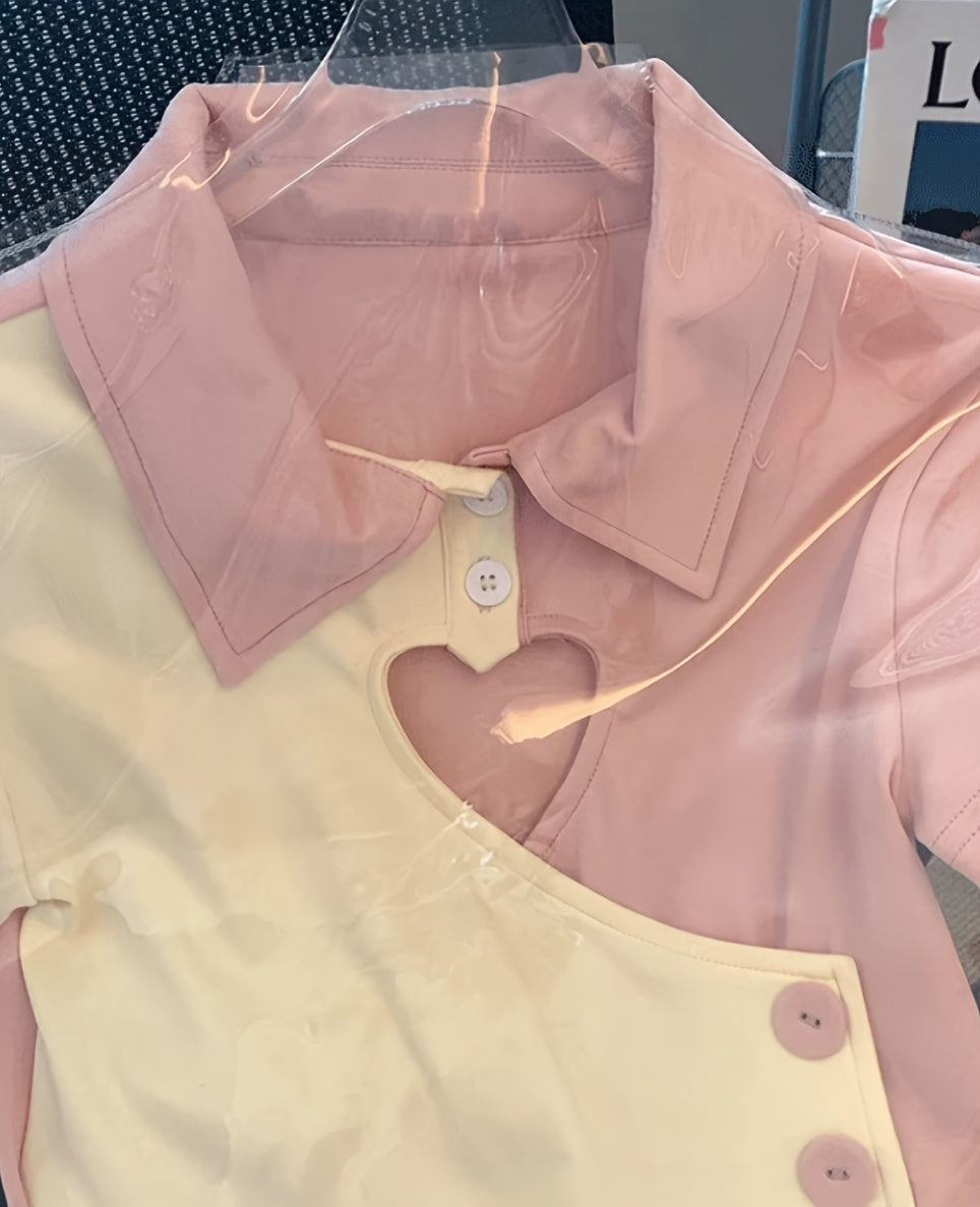 [Summer Chic Shirt] Stretchy Polyester Women's Heart Cut-Out Color-Block Shirt | Short Sleeve Top with Waist Accent, Summer Casual Chic Blouse