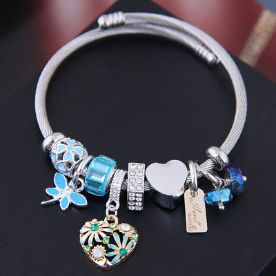 Elegant & Cute Daisy Heart Dragonfly Charm Bracelet, Korean Style Versatile BFF Bangle, Stainless Steel Cable Wristband, Choose Your Color
