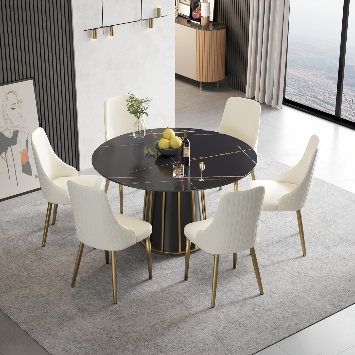 Round Dining Table - Marble Dining Room Table Round Kitchen Table for 4 to 6 (Dining Table Only, Chairs Not Included), Glossy Sintered Stone Tabletop with Metal Base Circle Dining Table for Kitchen