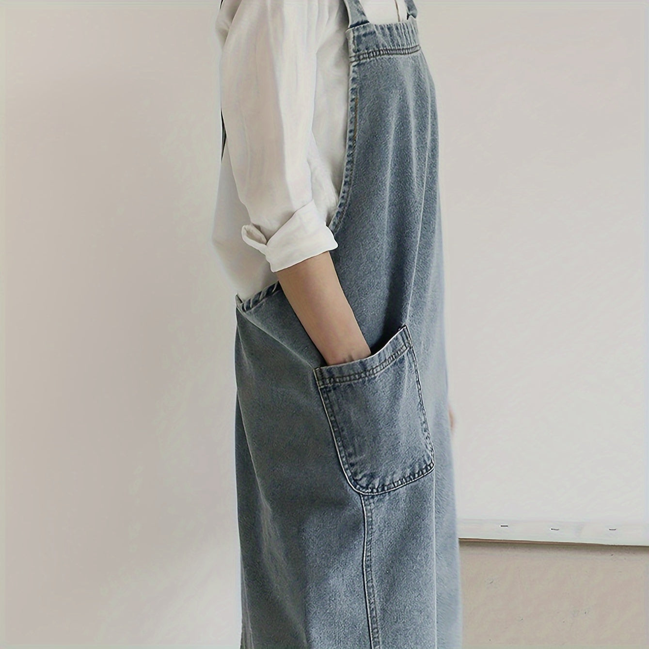 1pc Japanese Korean Style Pure Cotton Canvas Denim Apron, Washable Kitchen Bib, Workwear, Kitchen Apron With Front Pockets, Kitchen Supplies