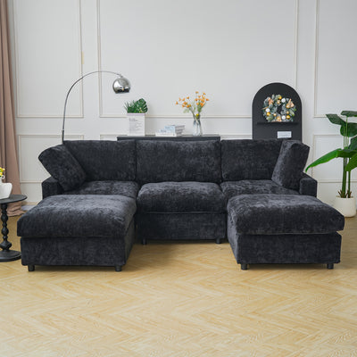 Modern U-Shaped Modular Sectional Sofa with Ottomans - Convertible L-Shaped or Straight Configurations, Washable Removable Cushions & Slipcovers, Plush Foam-Filled Cloud Design, Beige/Black Fabric Sofa for Large Living Rooms,